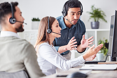 Buy stock photo Cropped shot of a group of young call center agents working together in their office