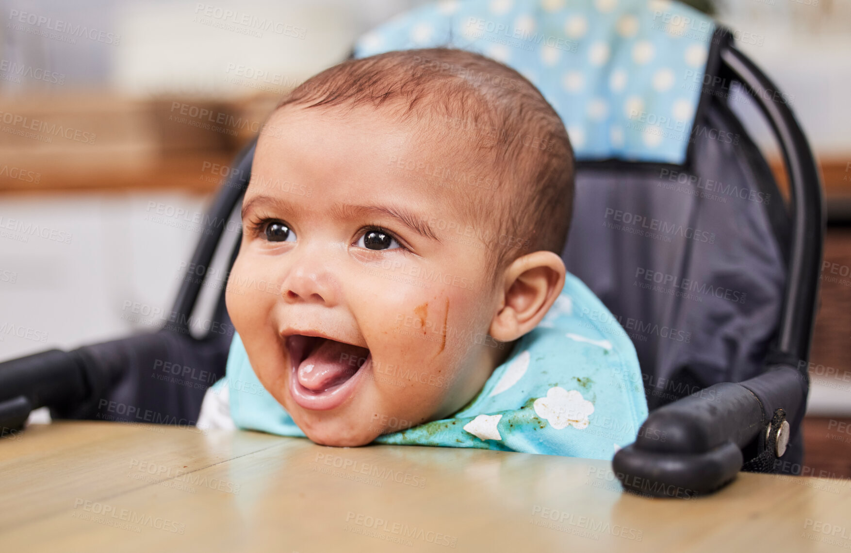 Buy stock photo Smile, high chair and baby in kitchen for nutrition, healthy diet or laugh with open mouth in home. Hungry infant, kid and child at table for lunch with growth or development of adorable messy boy