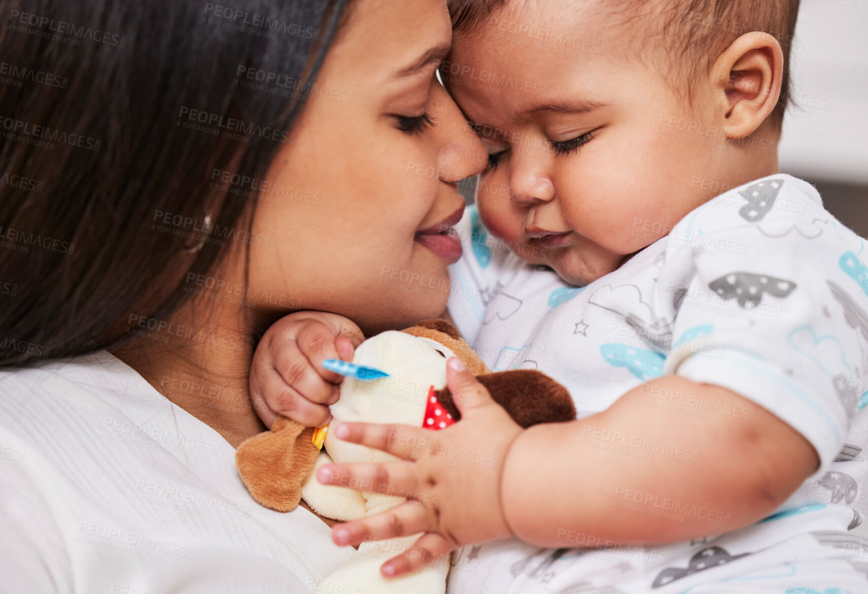 Buy stock photo Woman, baby and comfort in nursery for growth, development and family home in playing or bonding. Mother, happiness and infant with smile, hug and support for care in wellness, health and nurture