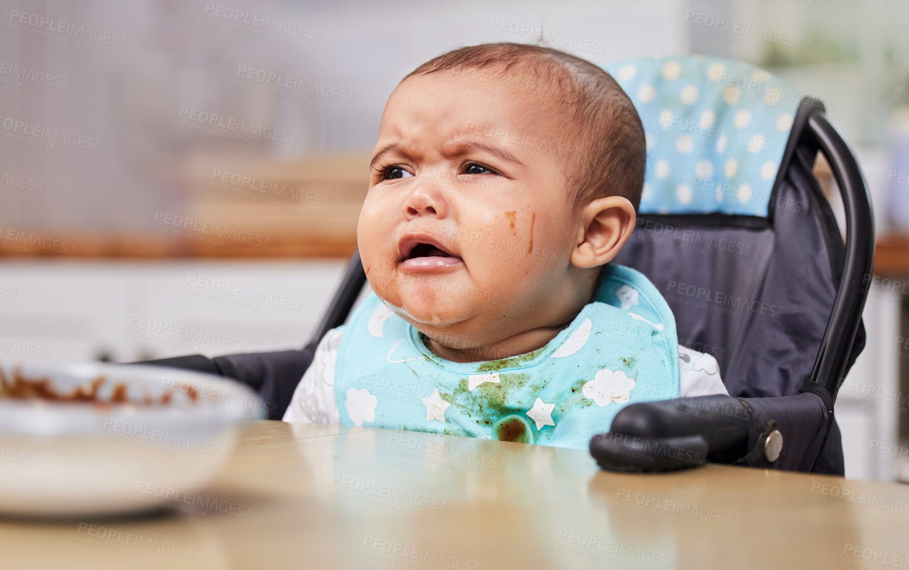 Buy stock photo Crying, upset and baby with eating for growth, development and motor skills as toddler, youth or child. Unhappy, infant and feeding chair for nutrition, diet and wellness for health, nurture and care