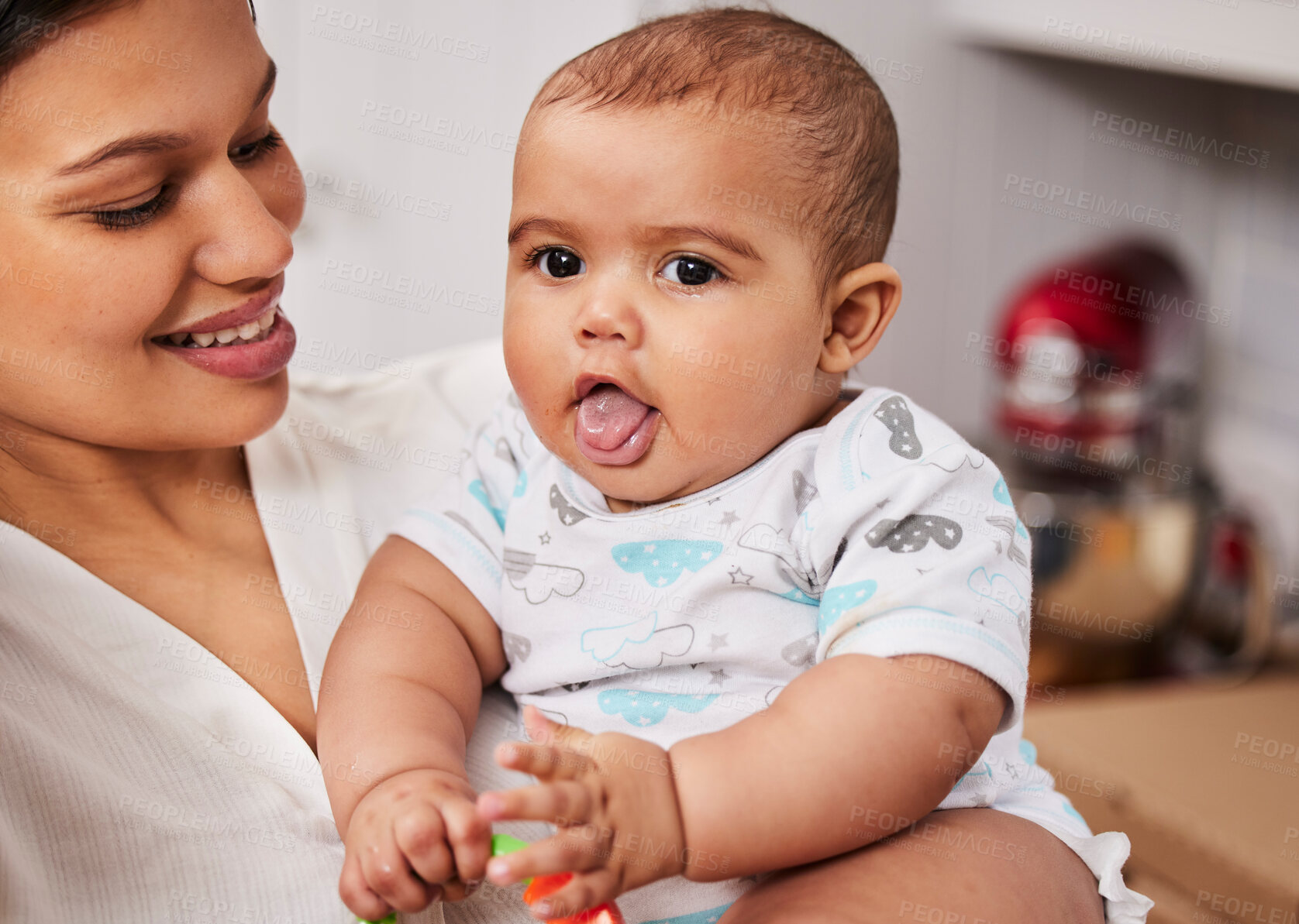 Buy stock photo Woman, baby toy and playing in nursery for growth, development and family home in comfort or bonding. Mother, happiness and infant with smile, hug and support for care in wellness, health and nurture