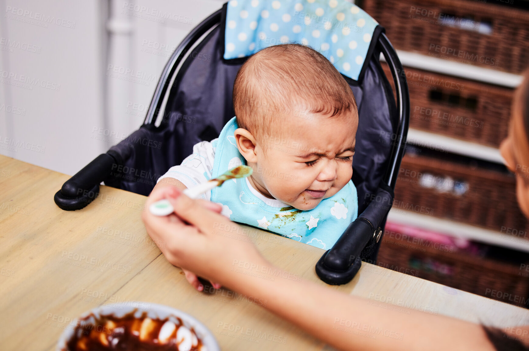 Buy stock photo Feeding chair, upset and baby with nutrition for growth, development and motor skills as toddler, youth or child. Unhappy, infant and crying for eating, diet and wellness for health, nurture and care