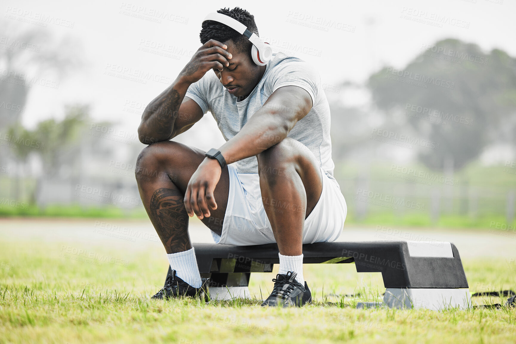 Buy stock photo Black man, headache and pain with fitness in park, brain fog and pressure or tension, health and wellness. Runner outdoor, medical emergency and migraine with stress, challenge and exercise in nature