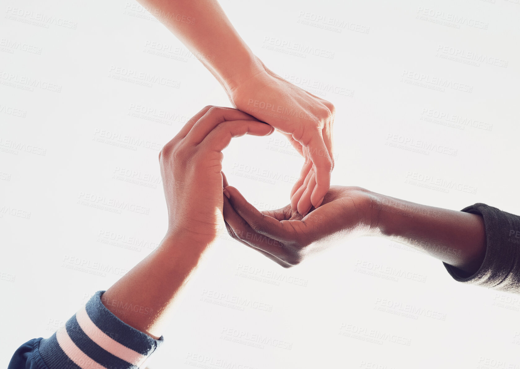 Buy stock photo Hands, circle and group of people with unity, collaboration and support for diversity and inclusivity. Team, connection and friends with shape for bonding and solidarity by white studio background.