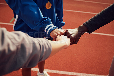 Buy stock photo People, diversity and fist bump in fitness for unity, trust or support together on stadium track. Hands of group touching fists in team building for sports motivation, teamwork or goals outdoors