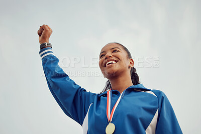 Buy stock photo Happy woman, fist and celebration of winning athlete, success or victory for sports achievement on mockup. Female person or winner with smile in joy for win, award or sport medal on mock up space