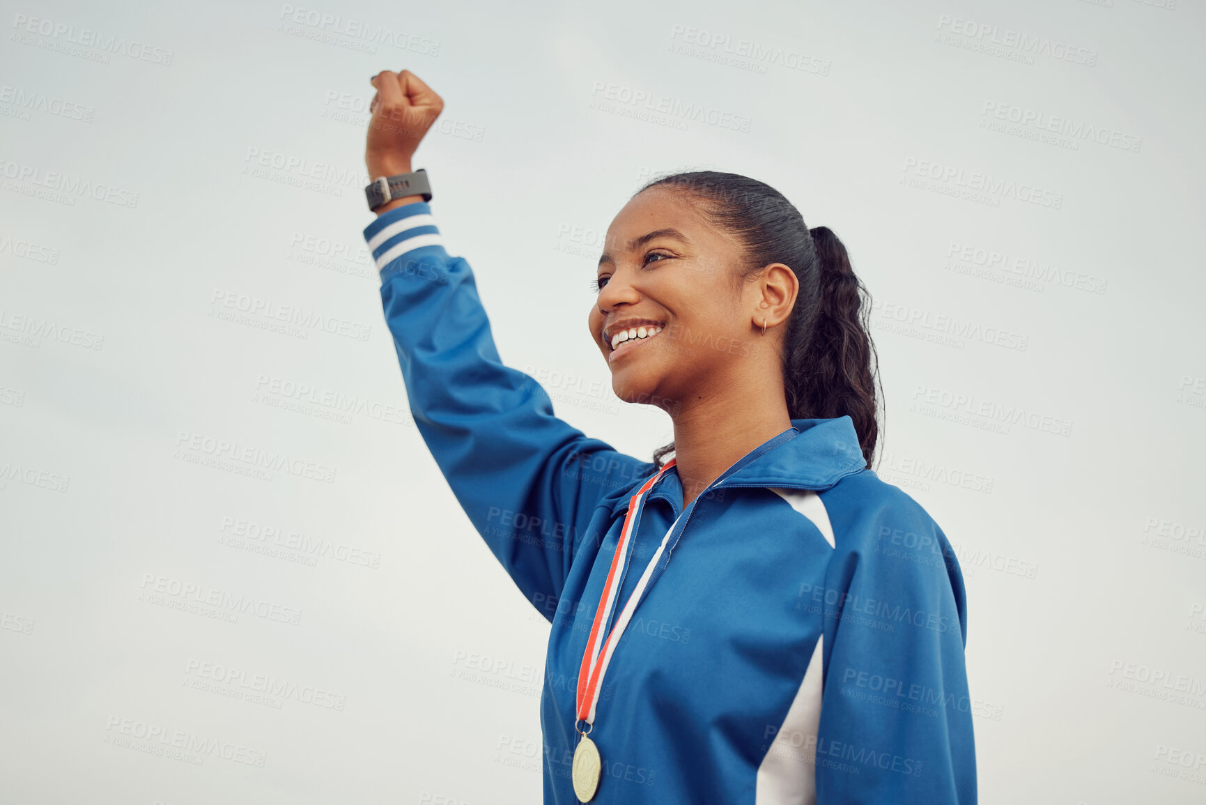 Buy stock photo Happy woman, fist and celebration in sports for winning success or victory achievement on mockup. Female person, athlete or winner with smile in joy for win, award or sport medal on mock up space