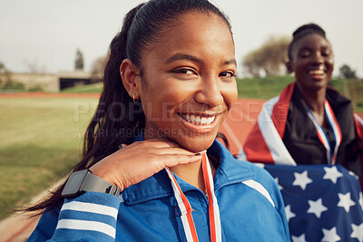 Buy stock photo Win, woman or portrait on race track with smile, medal or support from team in USA. Girl athlete, competitive and happy on sports ground for victory, achievement and broken personal record or success