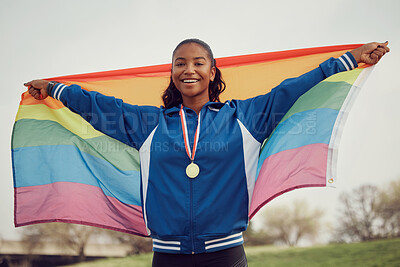 Buy stock photo LGBTQ, flag and portrait of woman with medal for winning, champion and pride in sports victory. Queer, athlete and nature with award at competition for success, inclusivity and achievement in Paris