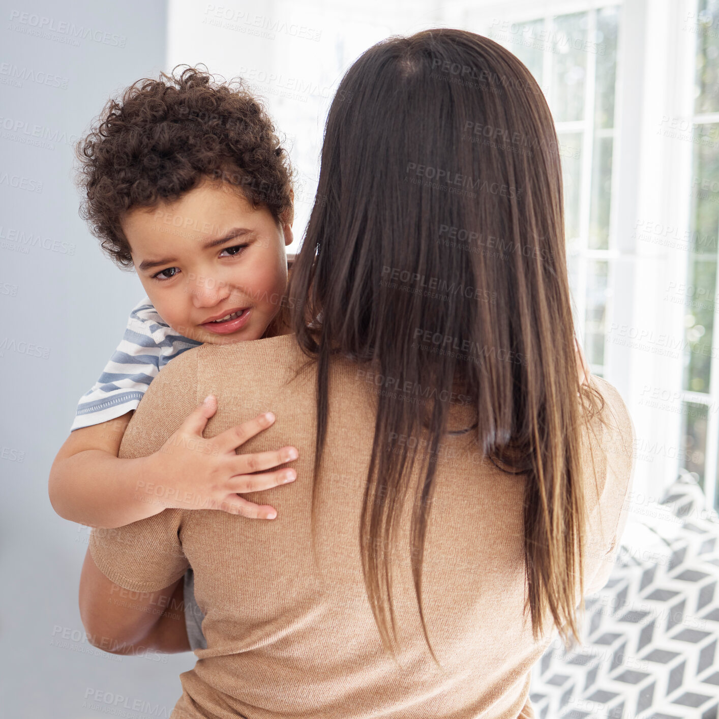 Buy stock photo Home, carry and mother with child for crying, comfort and bonding together in relationship with care. Family, mom and sad boy for tantrum with security, emotional support and hug of parent in house