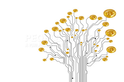 Buy stock photo Coin, blockchain and digital cryptocurrency as tree with mining, security and privacy for investment. Virtual currency, circuit and online money with mockup for computer, finance and white background