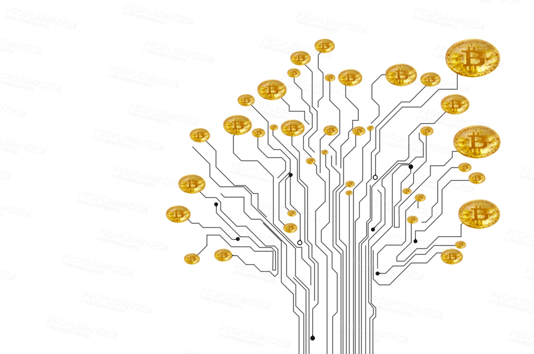 Buy stock photo Coin, blockchain and digital cryptocurrency as tree with mining, security and privacy for investment. Virtual currency, circuit and online money with mockup for computer, finance and white background