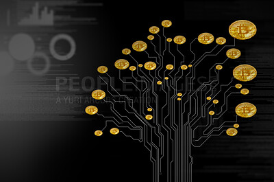 Buy stock photo Coin, blockchain and virtual cryptocurrency as tree with mining, security and privacy for investment. Digital currency, circuit and online money with mockup for computer, finance and white background