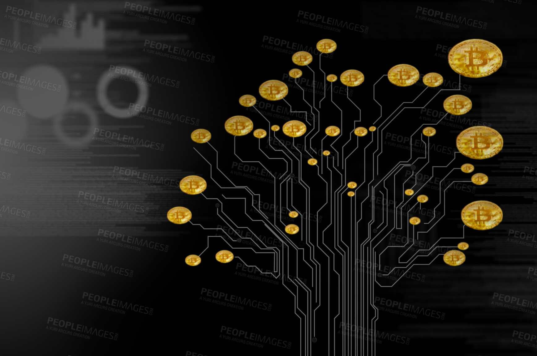 Buy stock photo Coin, blockchain and virtual cryptocurrency as tree with mining, security and privacy for investment. Digital currency, circuit and online money with mockup for computer, finance and white background