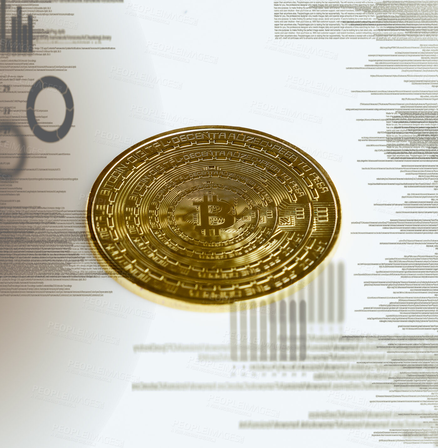 Buy stock photo Cryptocurrency, gold and coin with overlay in finance for digital economy, investment and growth. Graph, information and blockchain with money for exchange platform, wallet trading and mining