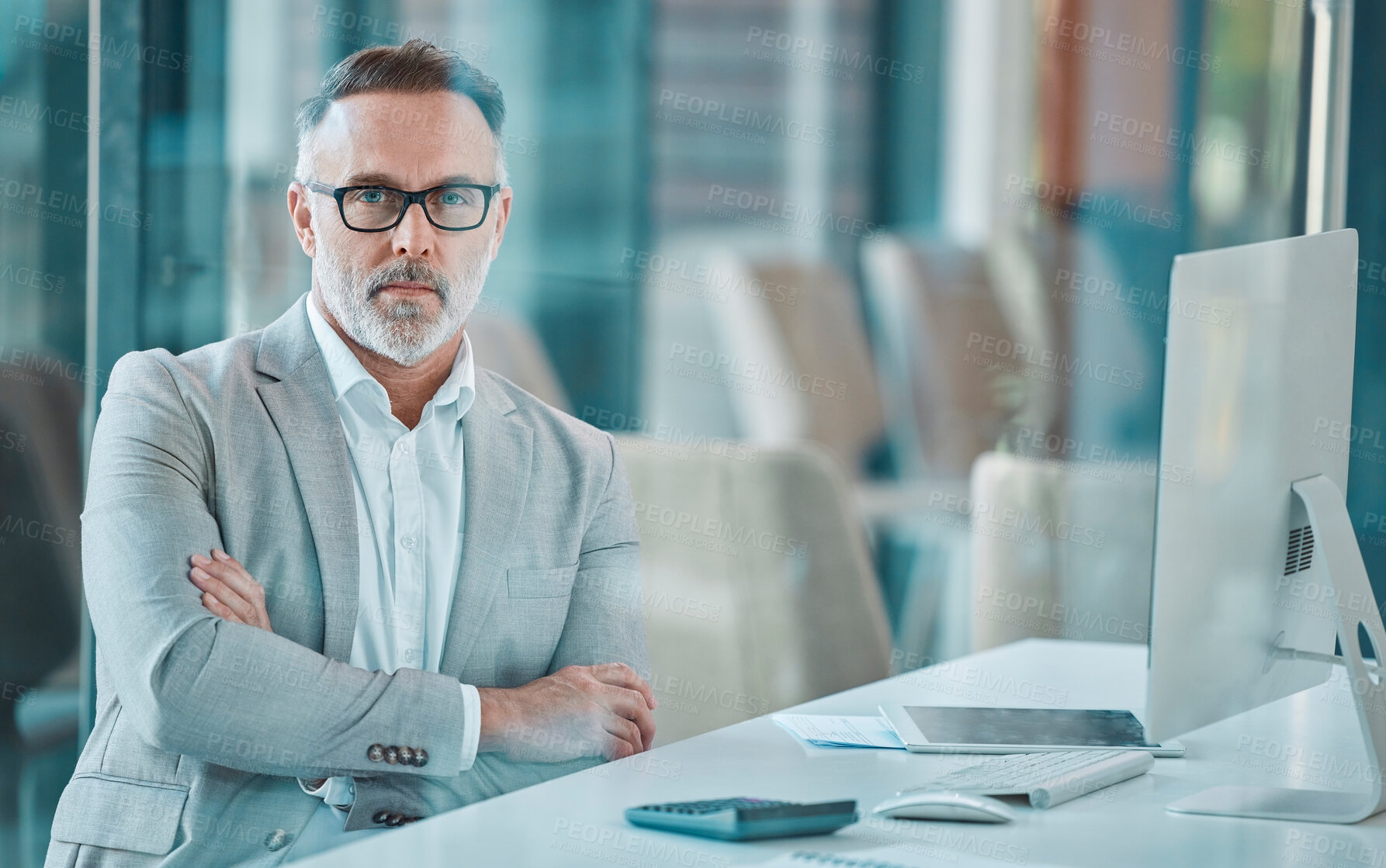 Buy stock photo Finance, portrait and mature man at computer with confidence, calculator and accounting office. Audit advisor, project manager or businessman at desk with glasses, arms crossed and budget planning