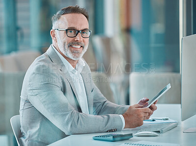 Buy stock photo Shot of a businessman using a cellphone at work in a office
