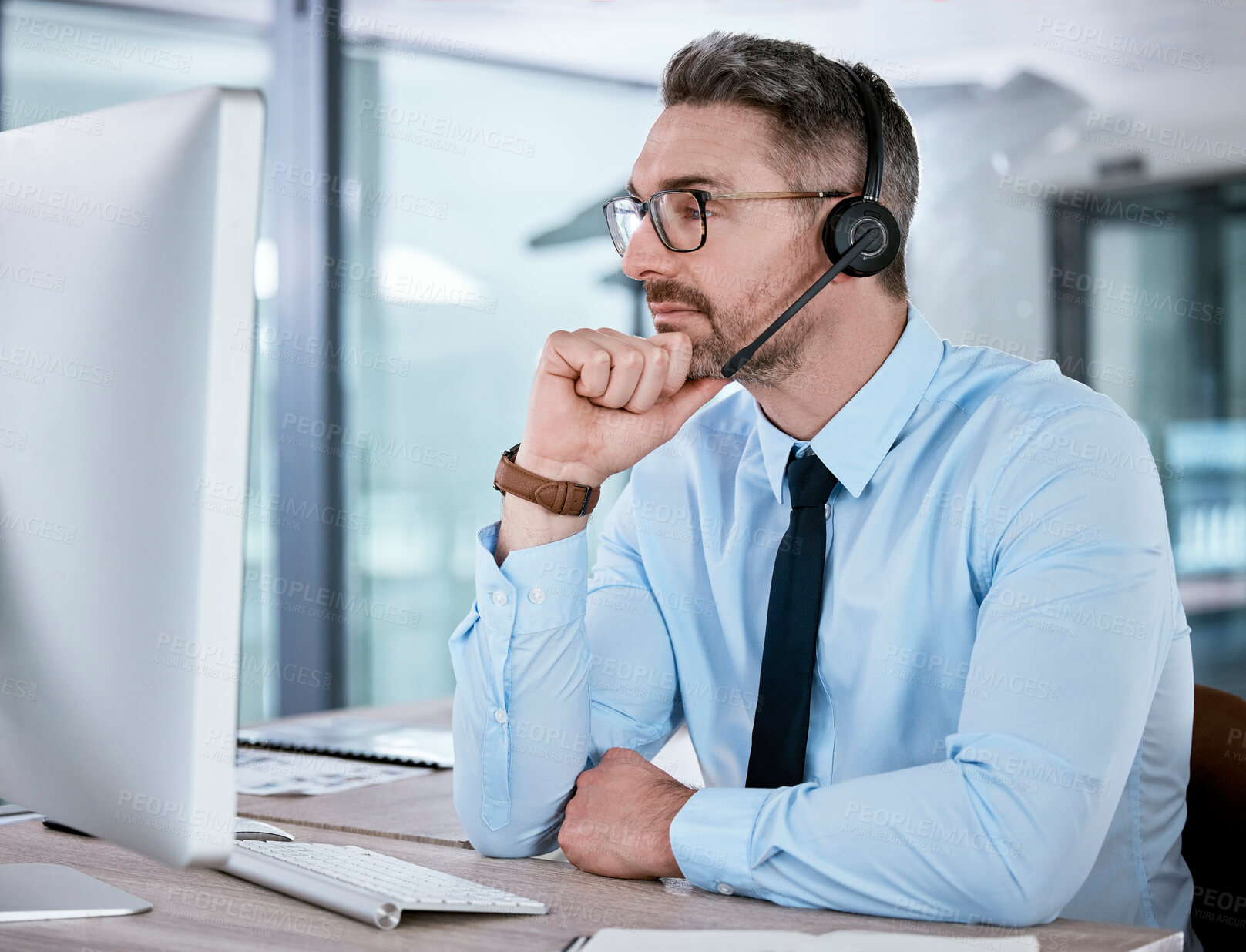 Buy stock photo Customer support, call center and man on computer in office for talking, online help and sales consulting. Corporate, telemarketing and person with headset for contact, crm service and communication