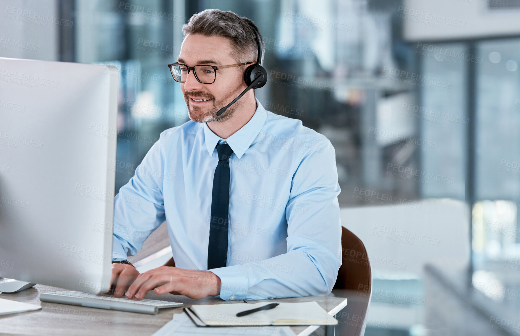 Buy stock photo Customer service, call center and businessman on computer in office for talking, online help and consulting. Corporate, telemarketing and person with headset for contact, crm support or communication