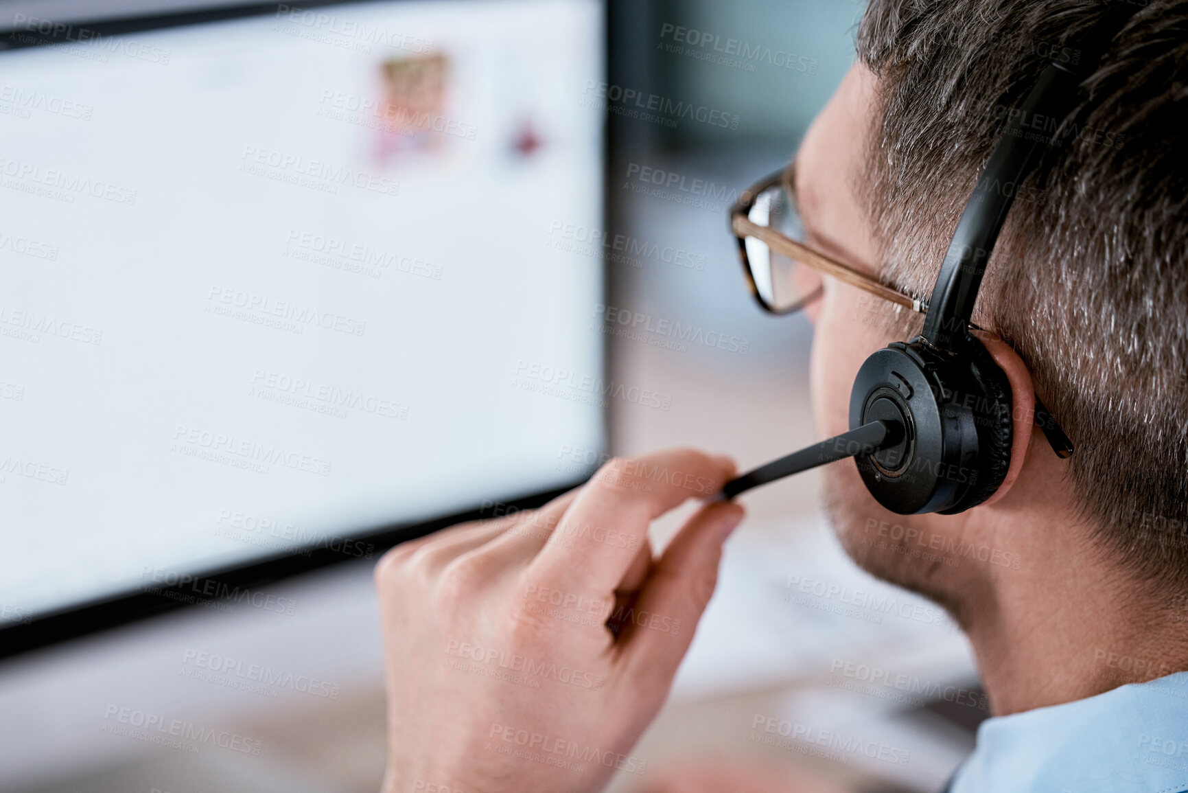 Buy stock photo Customer service, call center and man with headset on computer for planning, online help and consulting. Corporate, telemarketing and person with microphone for contact, crm support and communication