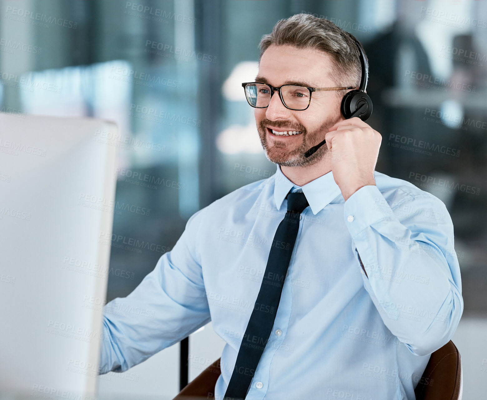 Buy stock photo Customer service, call center and man on computer in office for talking, online help and sales consulting. Corporate, telemarketing and person with headset for contact, crm support and communication