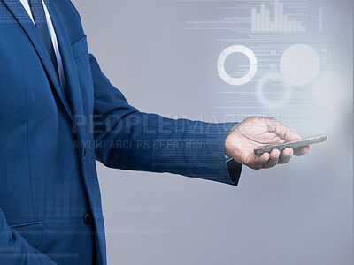 Buy stock photo Cropped shot of an unrecognizable businessman using his cellphone to open a virtual interface in studio against a grey background