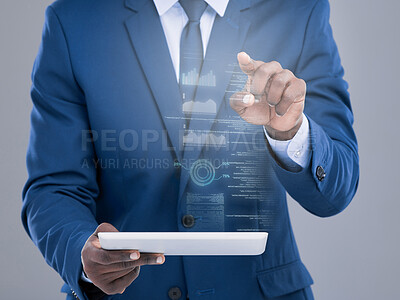 Buy stock photo Cropped shot of an unrecognizable businessman using his tablet to open a virtual interface in studio against a grey background