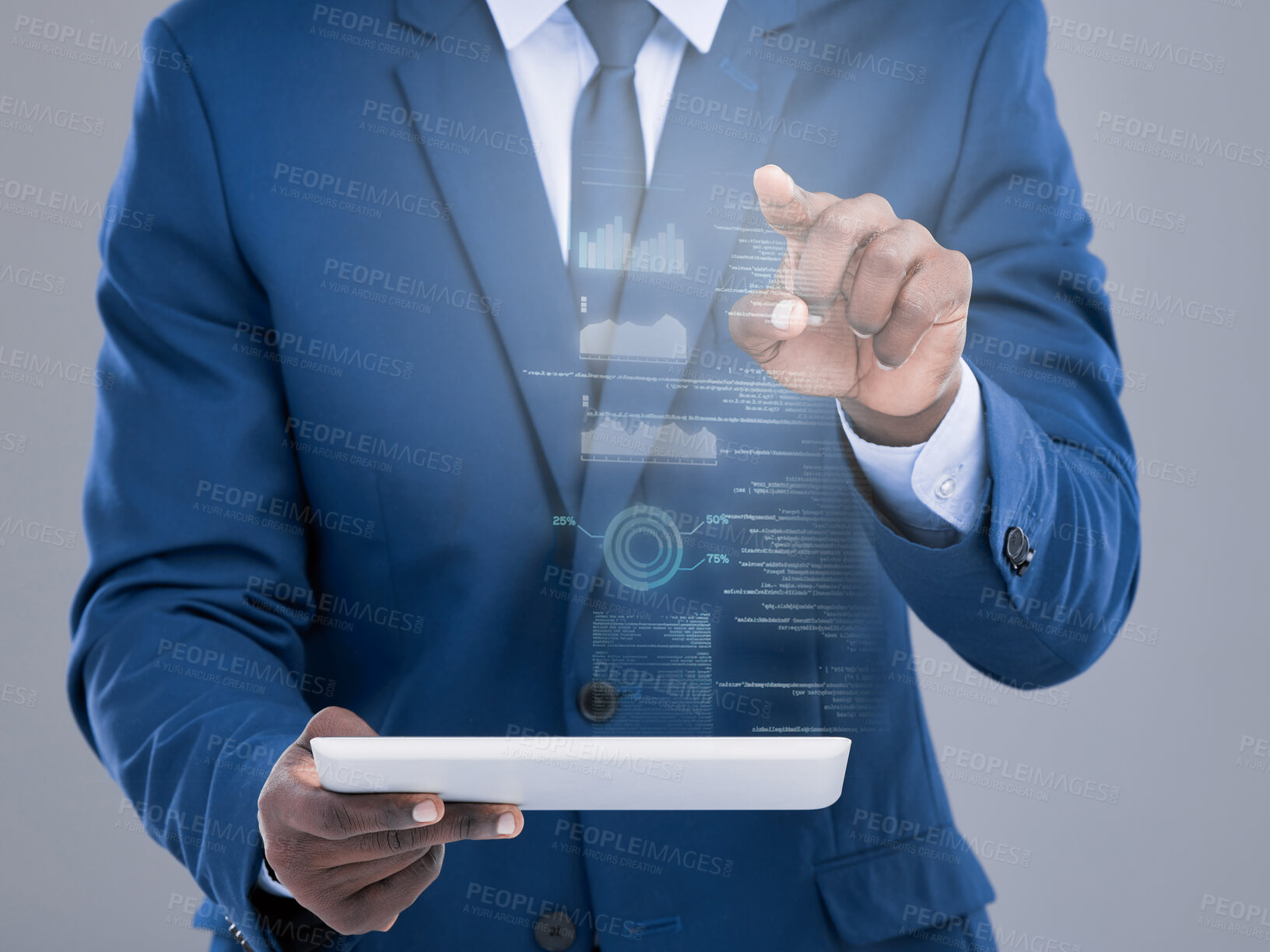 Buy stock photo Hologram, tablet and hands of business man in studio with graph for statistics, website and finance. Overlay, financial mockup and person on digital tech for stock market, networking and research