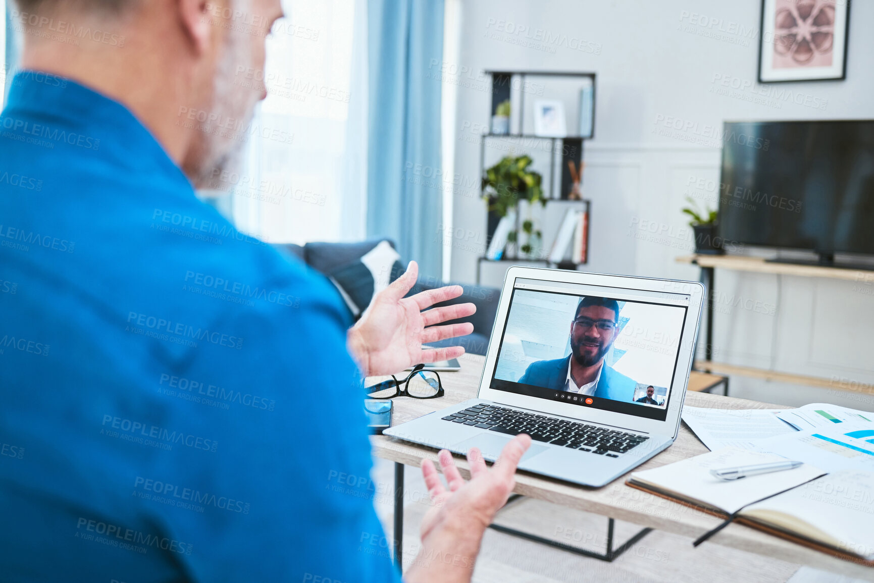 Buy stock photo Home, businessman and video call on laptop for meeting, corporate deal or negotiation with client. Screen, remote work or digital with mature person for networking, communication or planning in house