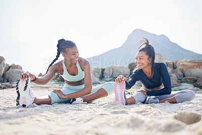 Buy stock photo Stretching, running and friends with women at beach for fitness, yoga and workout. Relax, health and wellness with female runner and warm up in nature for training, teamwork and cardio performance
