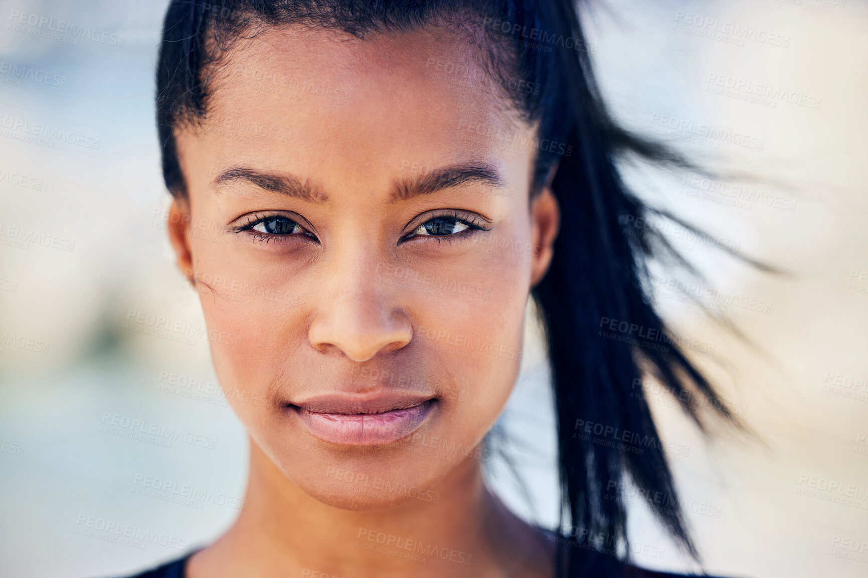 Buy stock photo Portrait, serious and black woman for fitness outdoor as runner for training, exercise and cardio wellness. African, athlete person and workout, resilience and sports goal of marathon performance