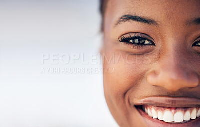 Buy stock photo Closeup, portrait and black woman with a smile, mockup and happiness with joy, cheerful and skincare. Face, female person and model with wellness, freedom and carefree with teeth, beauty and mouth