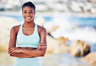 Buy stock photo Confidence, black woman and portrait on beach for fitness, morning workout and routine for active wellbeing. Girl, outdoor and exercise with smile for body cardio, space and training for athletics.