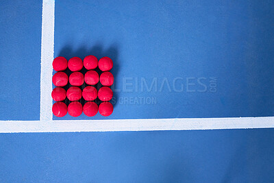 Buy stock photo Court, sport and red tennis ball in square for fitness, training and exercise for competition or tournament. Above, workout and talent or space with equipment for athletics games in physical activity