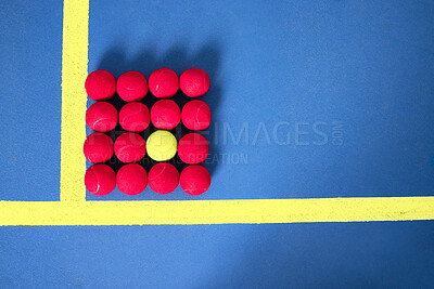 Buy stock photo Practice, sport and red tennis ball in square for fitness, training and exercise for competition or tournament. Workout, court and talent or hobby with equipment for athletics and mockup space