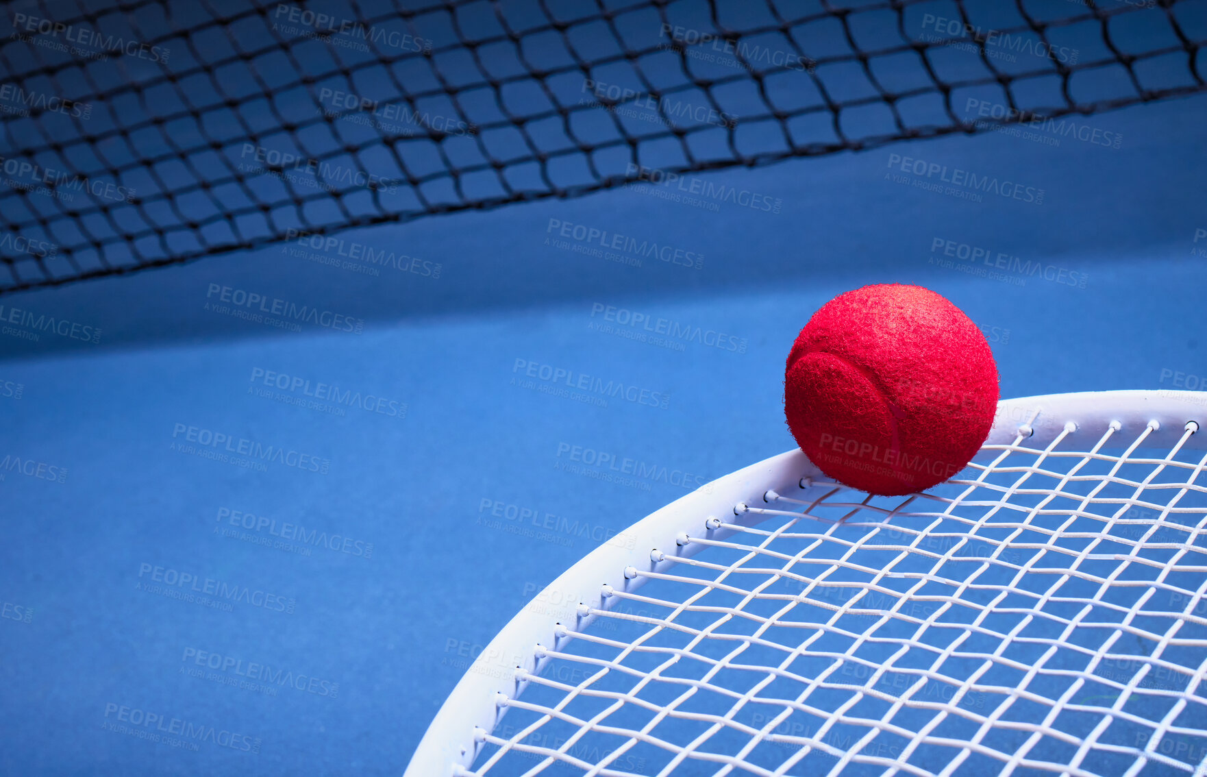 Buy stock photo Red ball, tennis court and sport with racket for practice, training and exercise for competition or tournament. Workout, fitness and talent or hobby with kit for athletics, self care or wellness