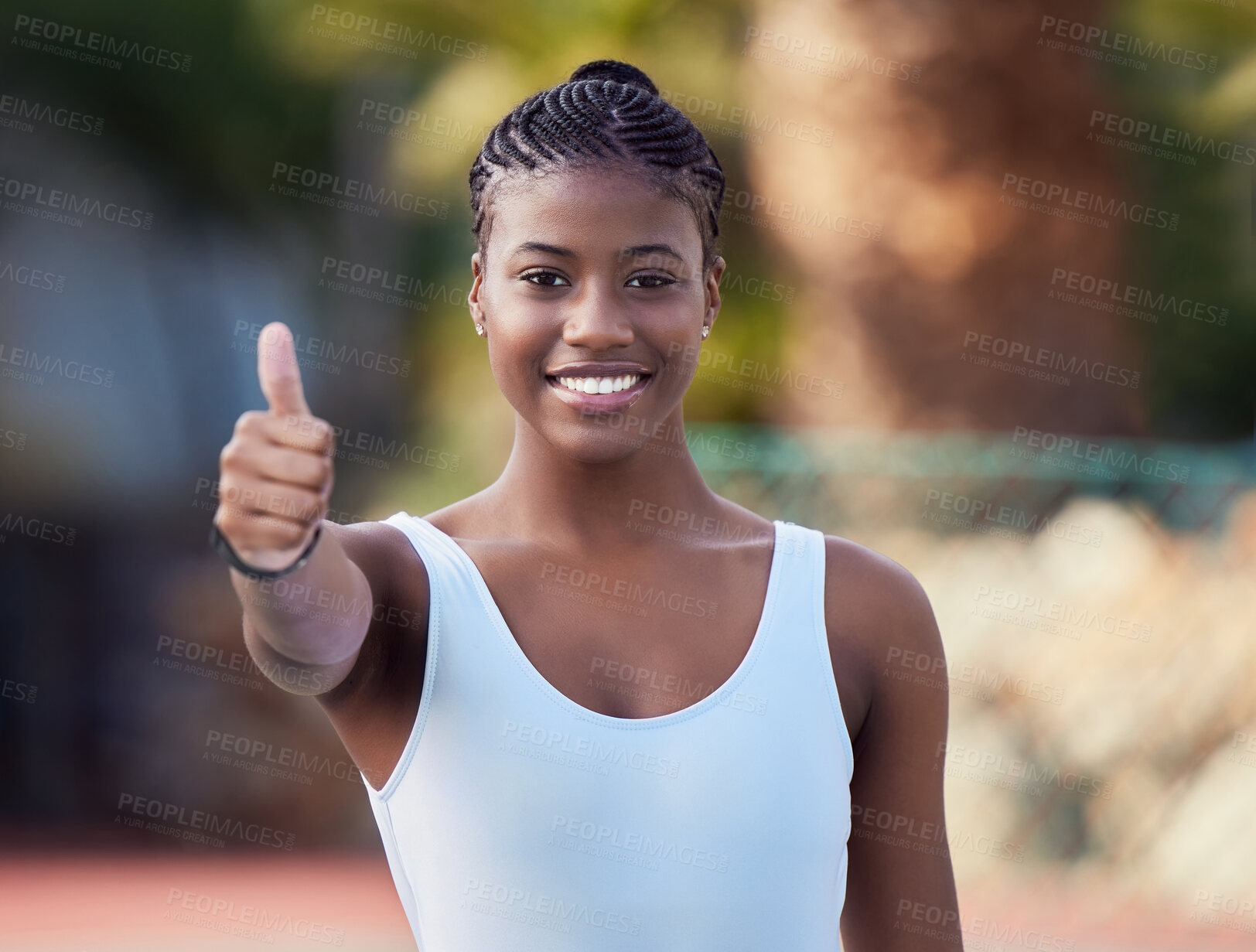 Buy stock photo Tennis, woman and player portrait or thumb up, happy and success hand gesture with professional. Thank you, athlete vote and like for game or match victory sign, training and smile for challenge
