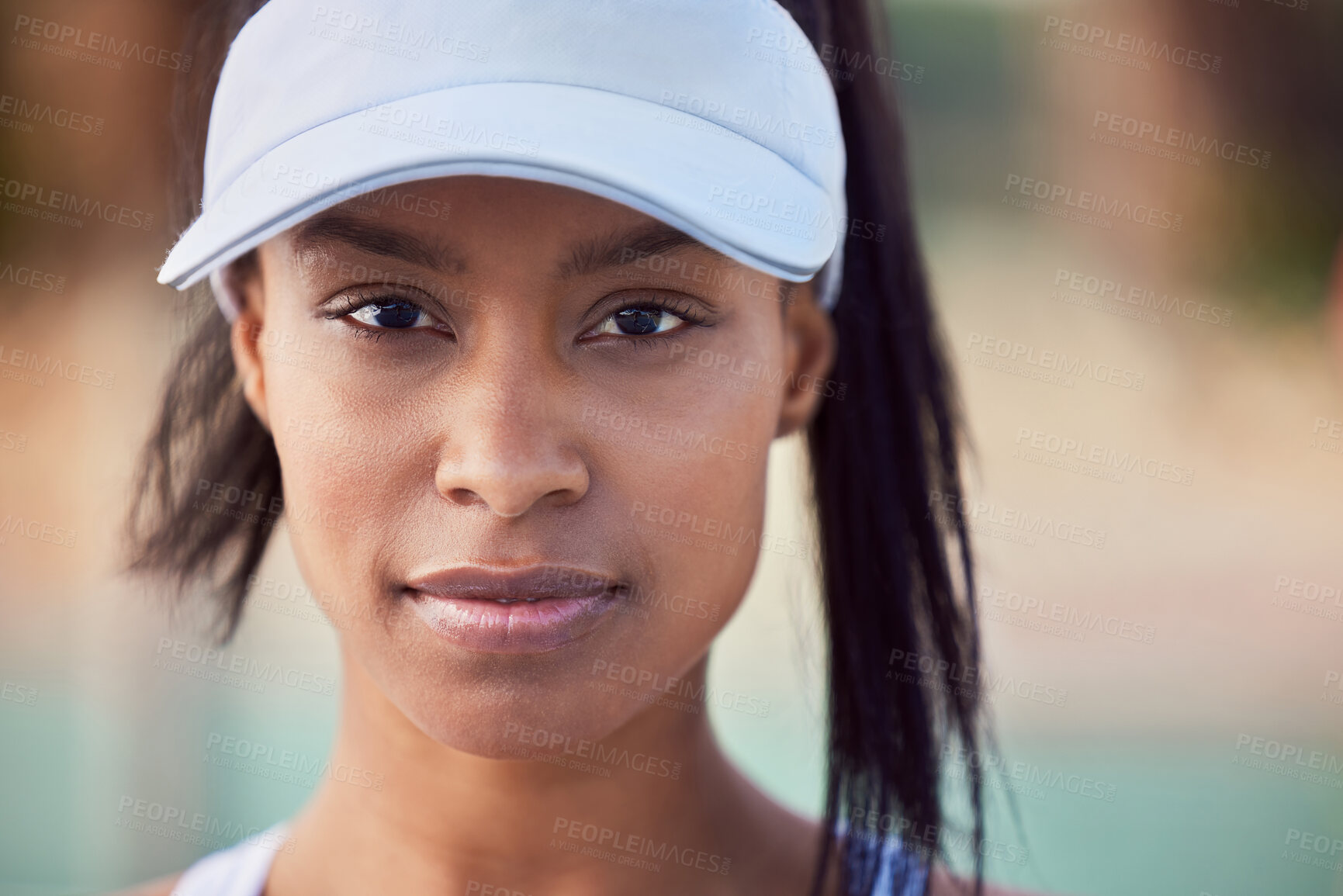 Buy stock photo Black woman, portrait and tennis player in outdoor, confident athlete and sports hat on court. Female person, fitness and proud for game or match at club, exercise and ready for training practice