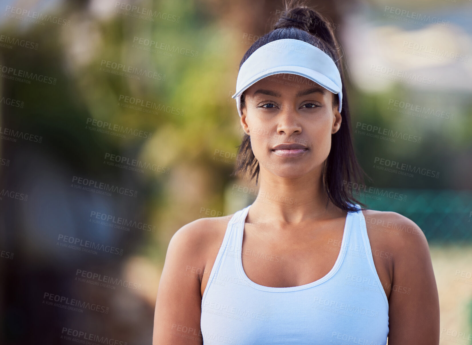 Buy stock photo Woman, portrait and tennis athlete outdoor, confident player and sports hat on court for exercise. Female person, fitness and proud for game or match at club, workout and ready for training practice