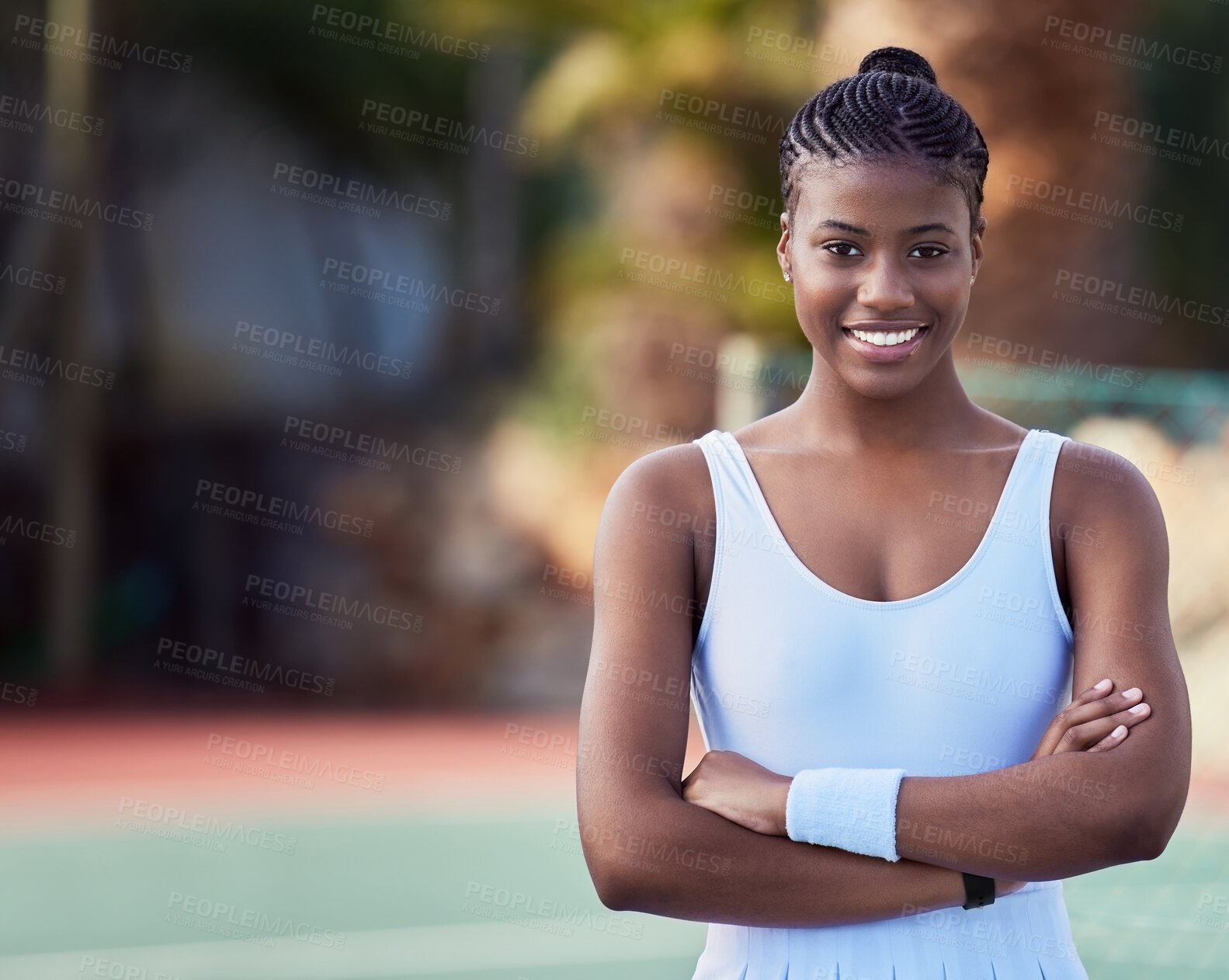 Buy stock photo Black woman, tennis and athlete in court portrait, arms crossed and sports pride in outdoor. Female person, fitness and confident for game or match at club, exercise and ready for training practice