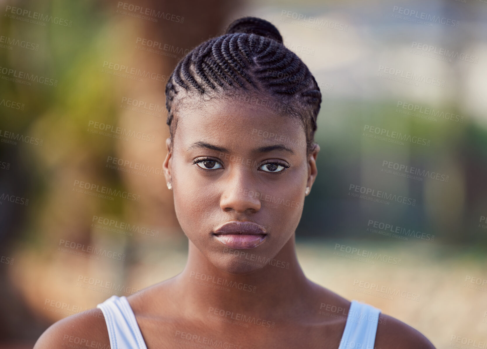 Buy stock photo Black woman, portrait and tennis player on court, confident athlete and sports pride outdoor. Female person, fitness and serious for game or match at club, workout and ready for training practice