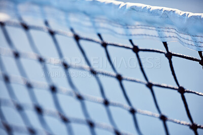 Buy stock photo Tennis, net and sport game on court for fitness training, exercise and equipment of club competition. Match, barrier design and fair challenge, skill opportunity and practice target of contest safety