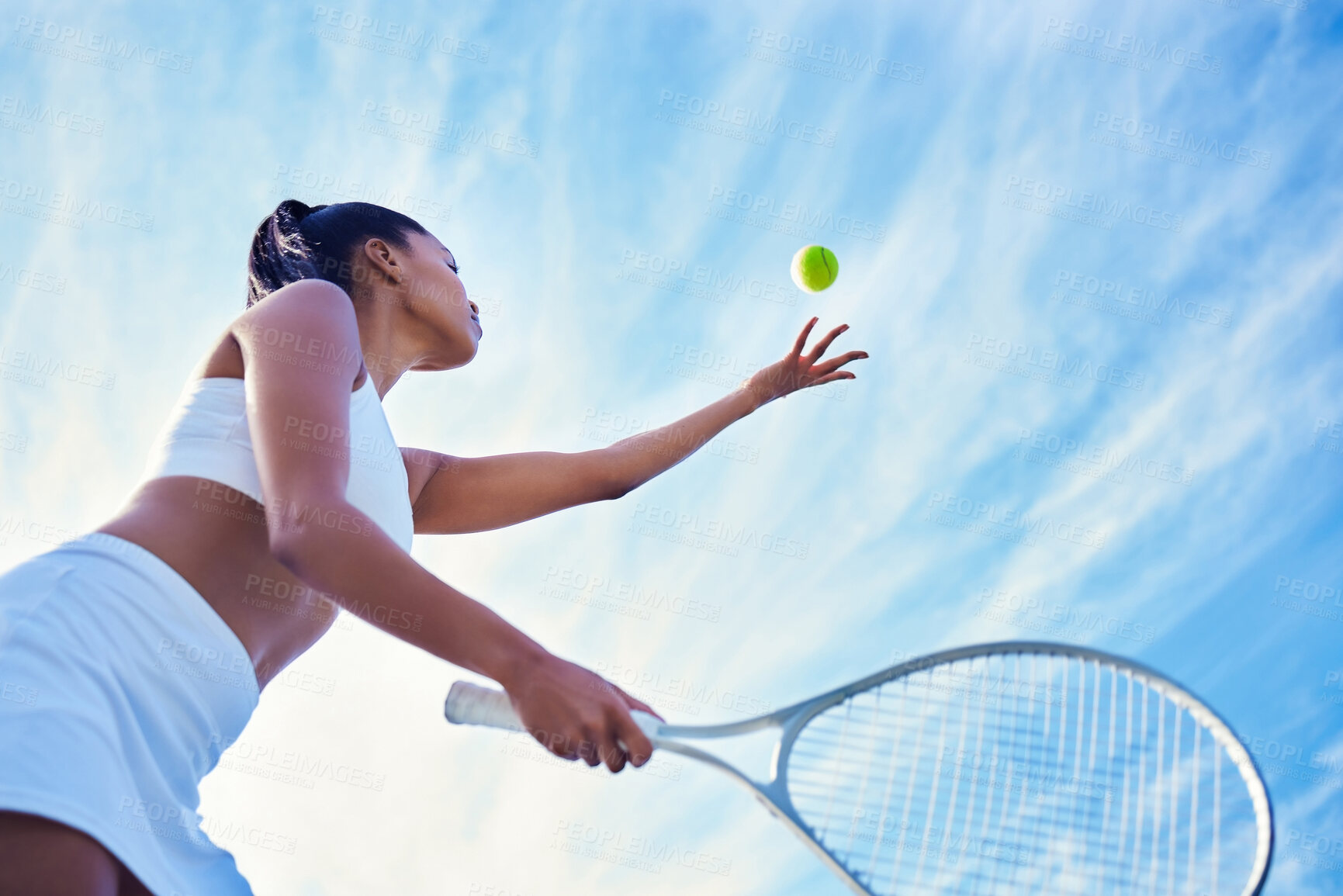 Buy stock photo Fitness, playing and woman in sports, tennis and exercise of athlete with energy, active and sky. Workout, wellness and person with action, practice and preparing of tournament, performance and ready