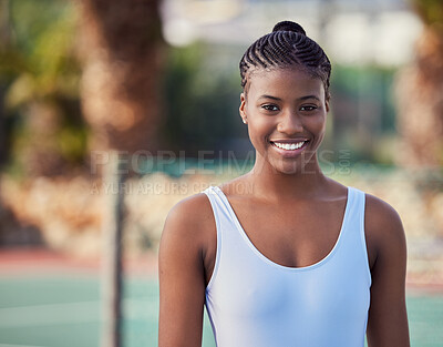 Buy stock photo Black woman, tennis and portrait on court for game, professional and happy with commitment or ready. Contest, sports and smile outdoor in stadium for competition, workout or fitness with athlete face