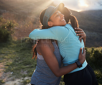 Buy stock photo Shot of two friends hugging before a workout