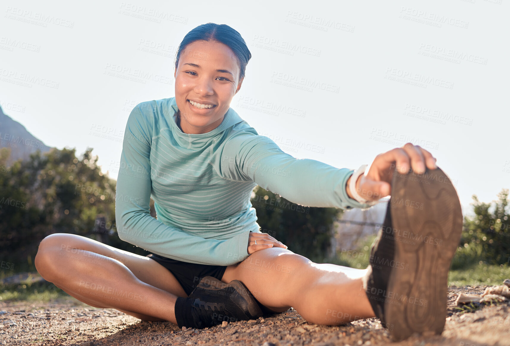 Buy stock photo Outdoor, legs and stretching of woman in portrait, fitness and prevent injury with warm up before running. Nature, female athlete or runner with exercise for flexibility, muscle prepare and wellness