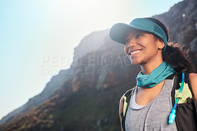 Buy stock photo Thinking, smile and woman hiking on mountain for adventure, travel and holiday. Happy girl, nature and trekking outdoor for exploration, vacation or fearless tourist on trip with wanderlust on cliff