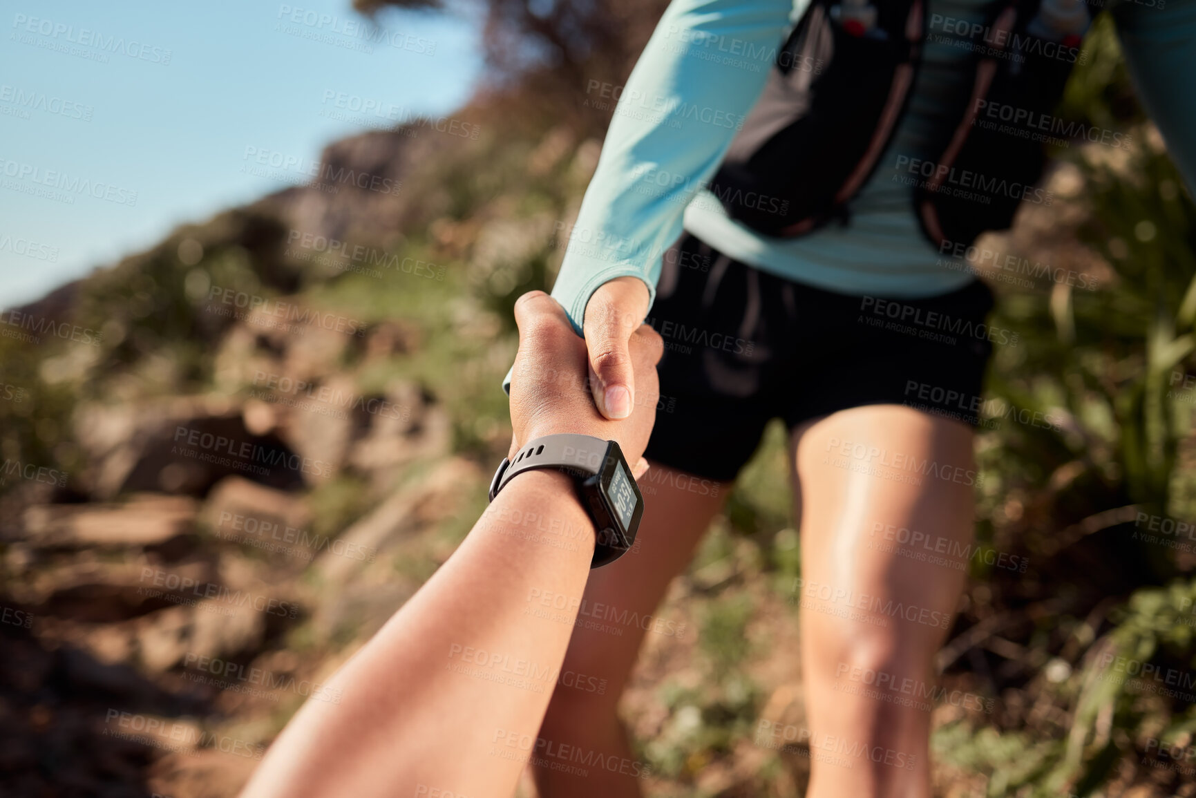 Buy stock photo People, hands and helping on outdoor hike, support and together for trekking exercise on mountain. Friends, grip and training in nature for wellness, teamwork and strong assistance in workout fitness