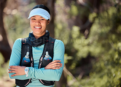 Buy stock photo Happy woman, portrait and arms crossed for hiking in outdoor, travel and ready for trekking exercise. Female person, training and nature for wellness, forest and sports challenge for workout fitness