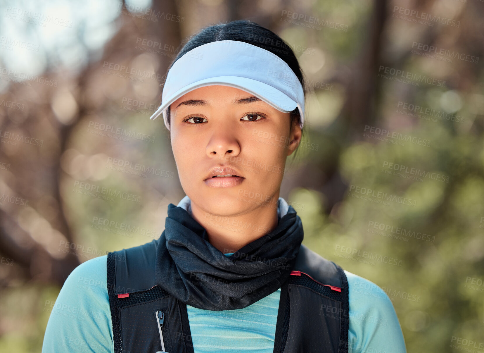 Buy stock photo Woman, portrait and mountain for outdoor hike, travel and ready for trekking exercise on adventure. Female person, training and nature for wellness, forest and sports challenge for workout fitness